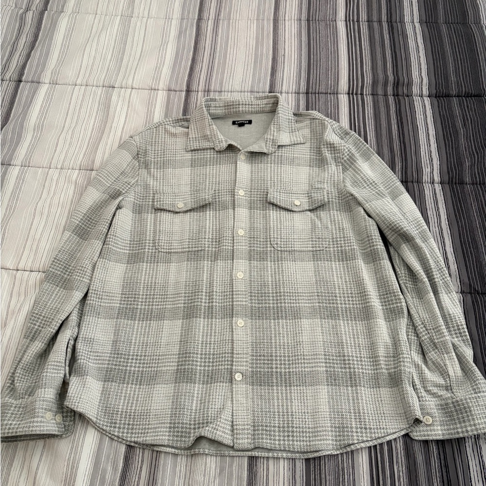 Express Plaid Sweater Flannel Shirt Mens White & Grey XL